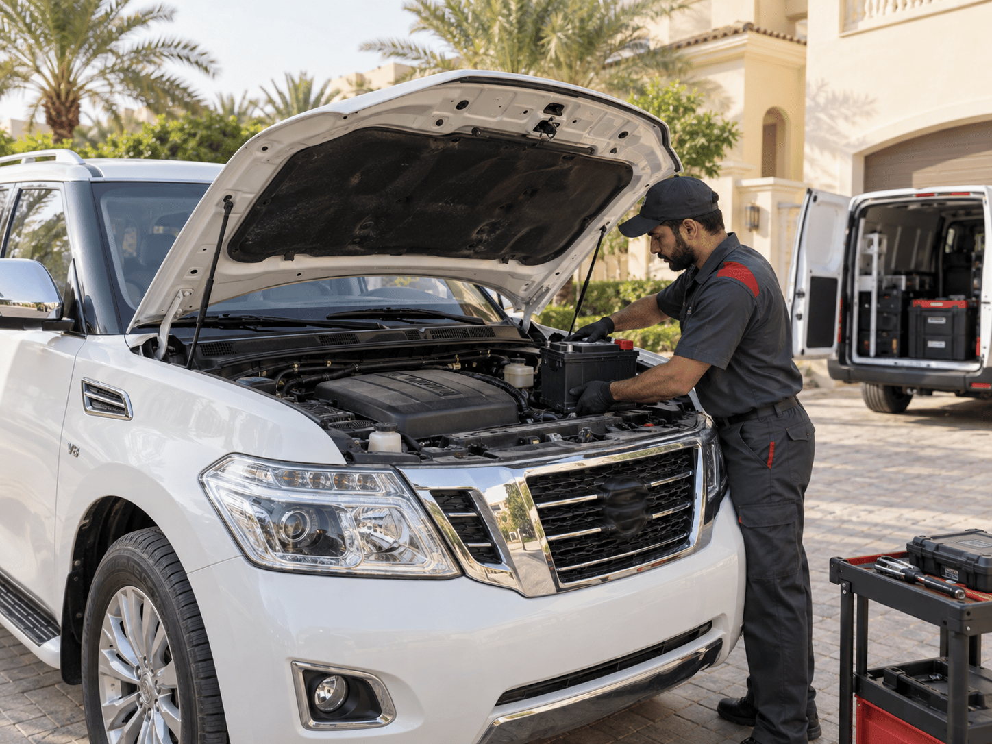 Mobile technician fitting a battery to a Nissan Patrol in a villa driveway
